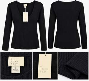 A New Day Women’s Black Ribbed-Knit Pullover Sweater Square Neck Long Sleeve L